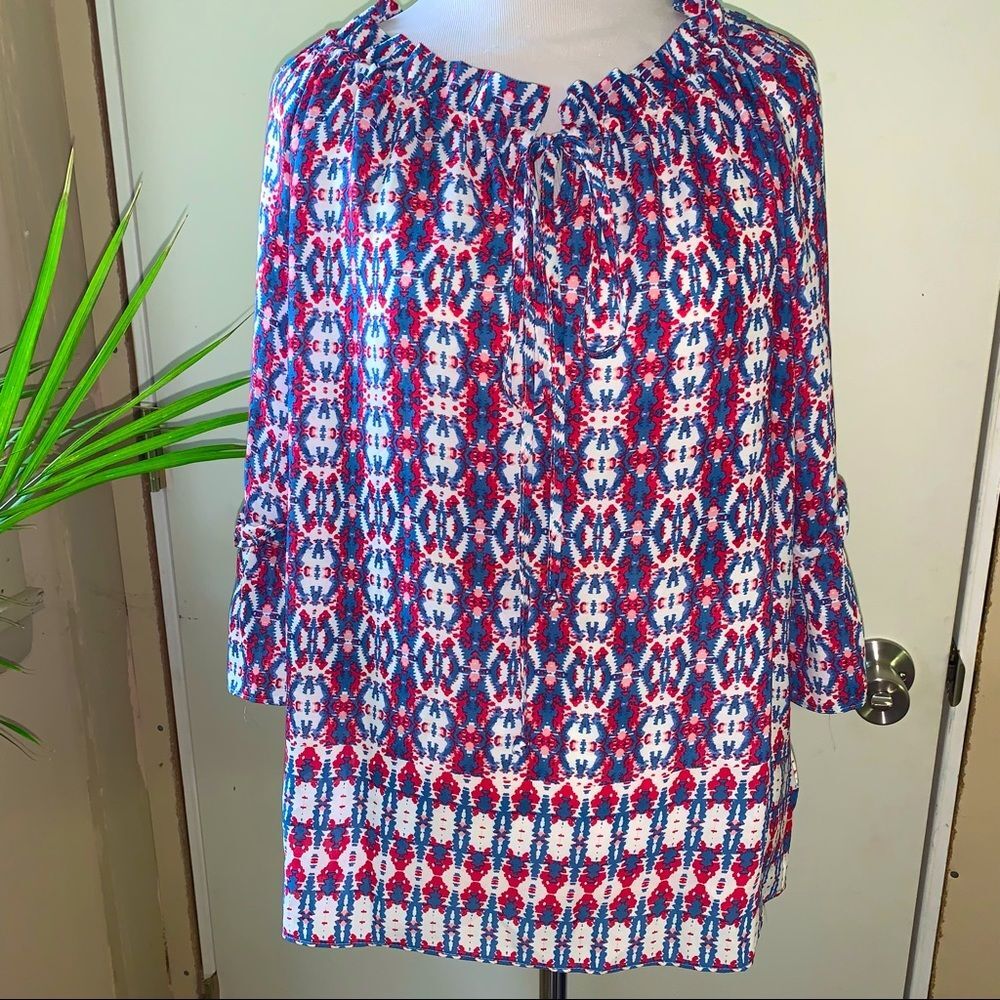 Valerie Stevens Red White Blue Patterned Statement Sleeve Blouse Fourth of July!